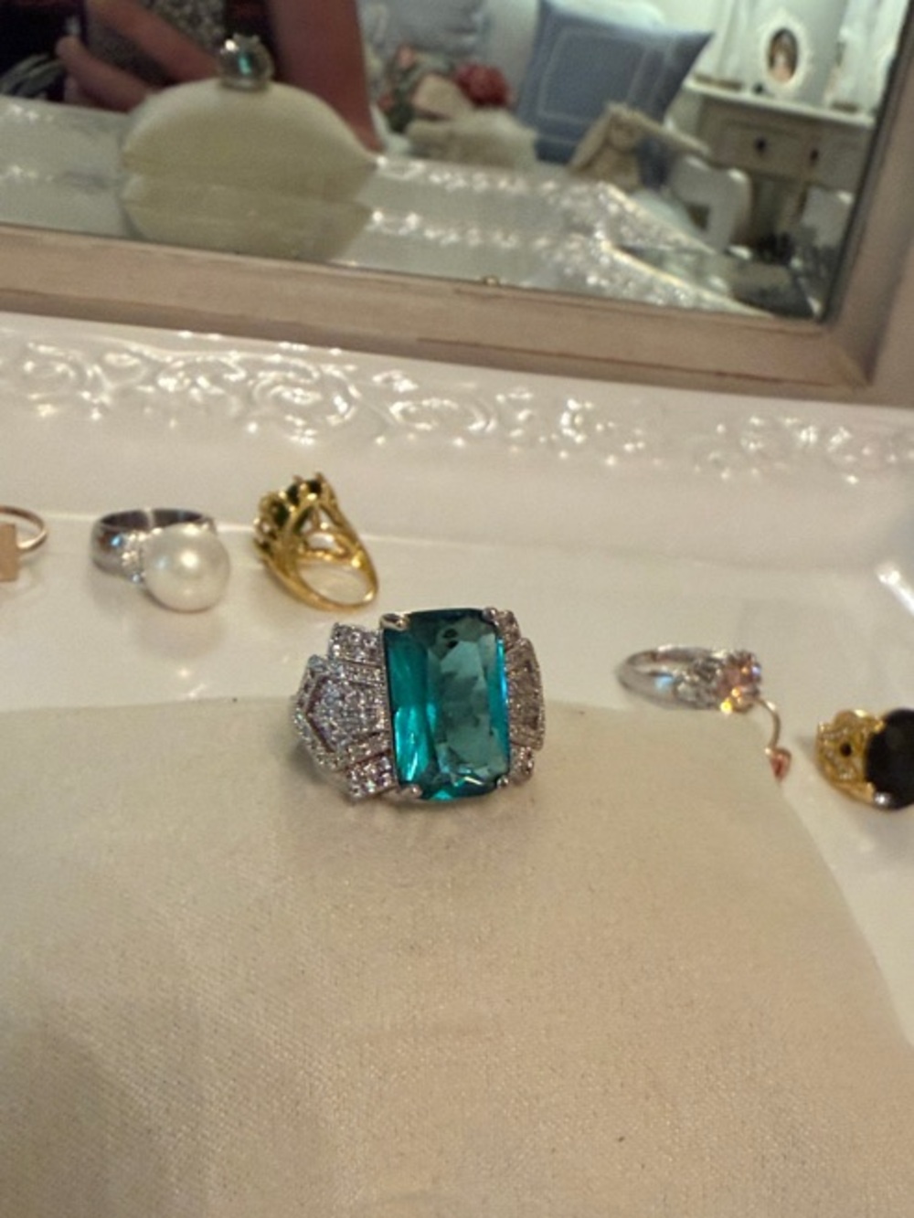 Teal Crystal Statement Ring with Pavé Accents - Women Jewelry